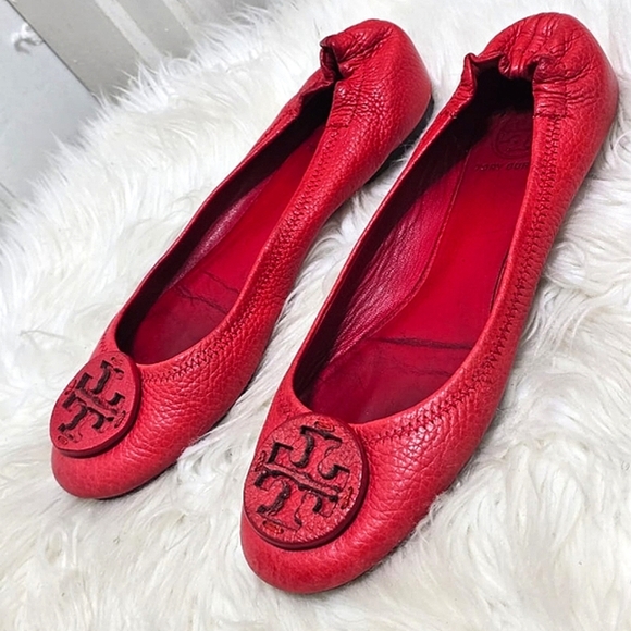 Tory Burch Minnie Red Leather Flats Size 8 - Picture 2 of 13